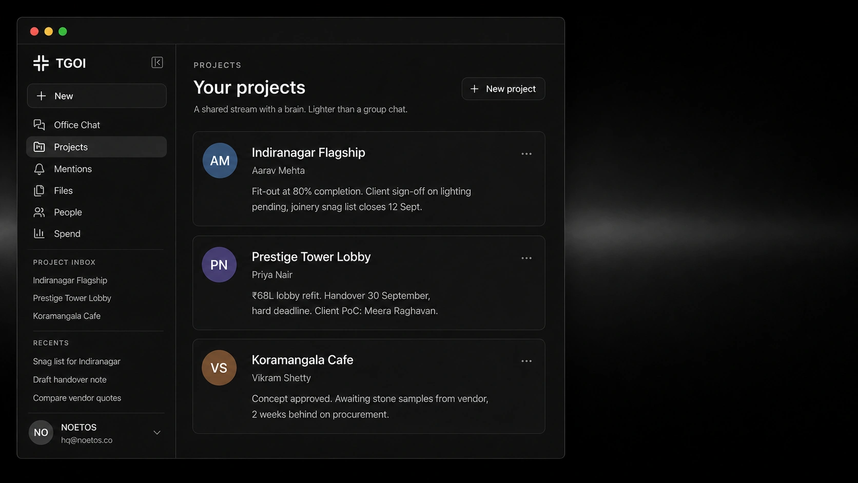 The projects list, each with its owner and current state